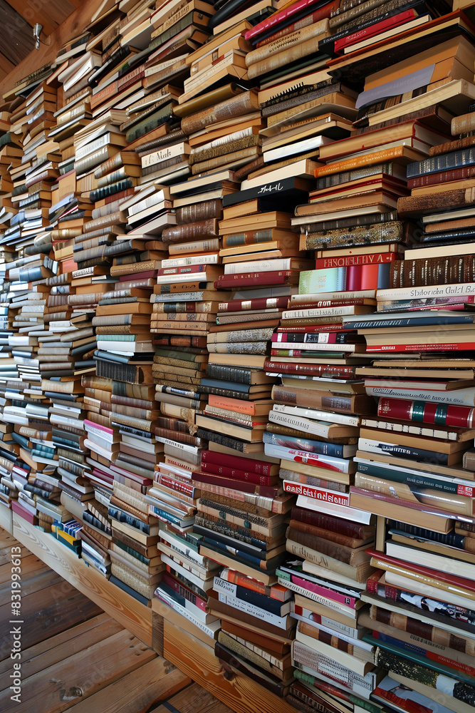 Book wall constructed on a wooden floor, showcasing a unique and creative form of interior design Book wall constructed on a wooden floor, showcasing a unique and creative form of interior design