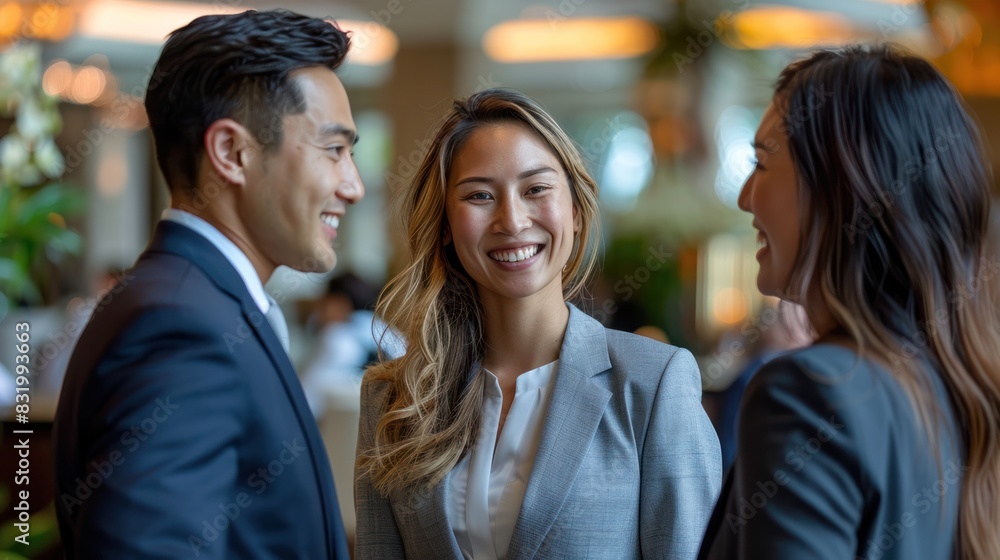 Smile PR executives showcasing luxurious hotel offerings, their expertise illuminated by soft daylight Smile PR executives showcasing luxurious hotel offerings, their expertise illuminated by soft daylight