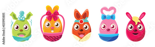 Easter Egg Bunny with Smiling Face and Long Ears Vector Set