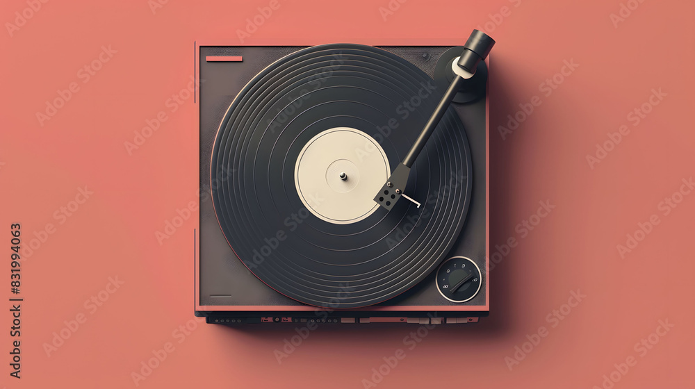 A record player sits on a vibrant pink background, ready to play music with its spinning turntable and needle
