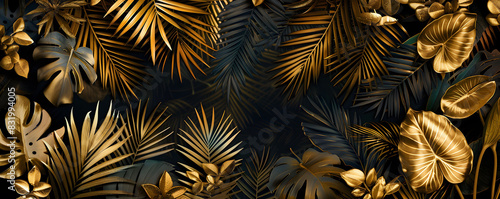 A wallpaper design featuring a black background adorned with intricate gold leaves for a luxurious and elegant touch