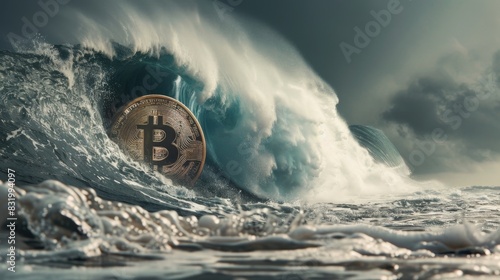 An intense towering wave representing the adrenaline rush of successful crypto arbitrage trades. photo