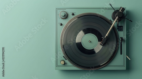 A turntable with a record player attached, playing music with a vinyl record spinning