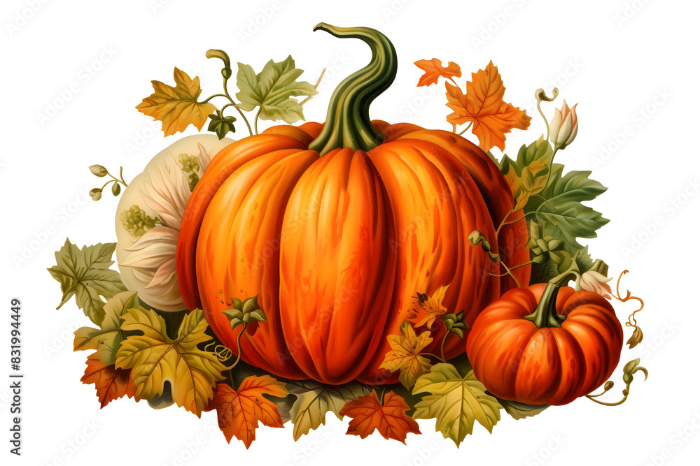 A painting depicting a vibrant orange pumpkin surrounded by a colorful array of autumn leaves