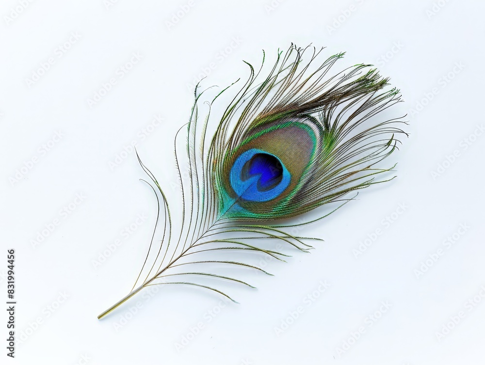 Obraz premium Vibrant peacock feather against a white background