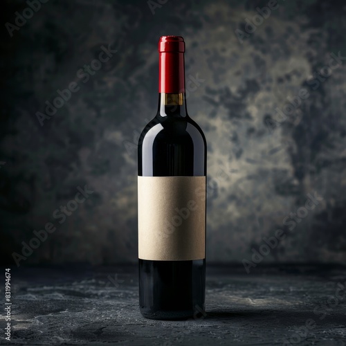 A bottle of wine is sitting on a dark surface