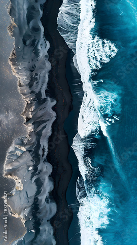 The image shows a birds eye view of the vast ocean, with waves crashing against the coastline and a clear blue sky overhead