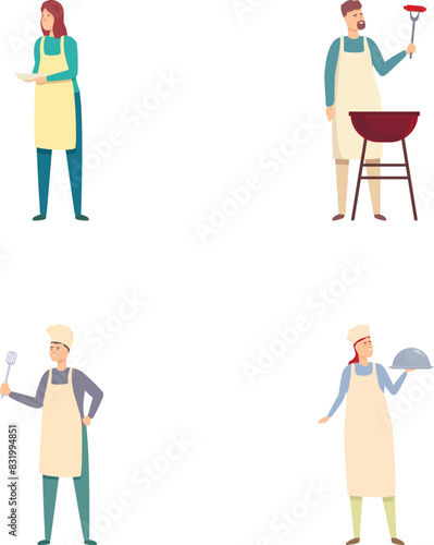 Illustrations of individuals cooking on a grill, baking, and preparing food, isolated on a white background