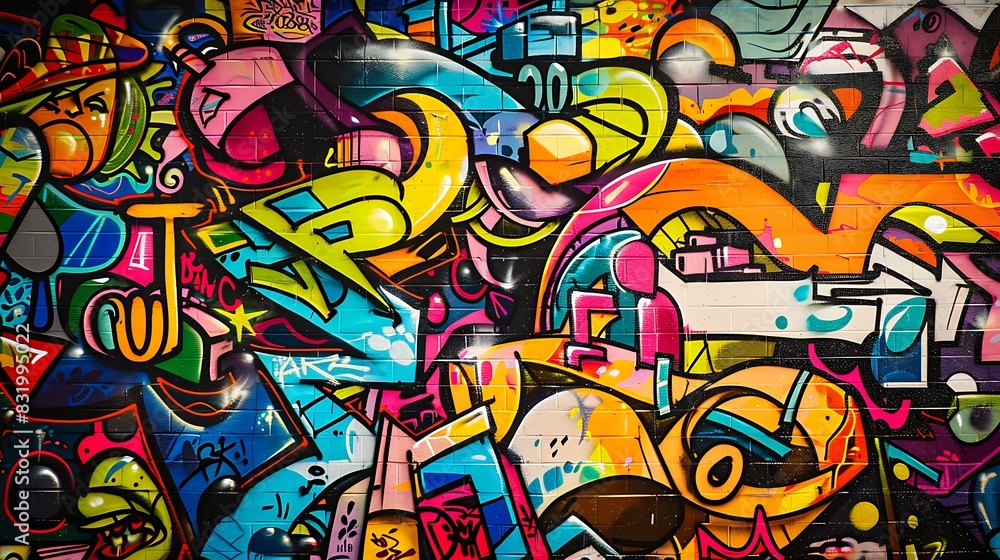 Fototapeta premium A graffiti wall with a melting pot of cultural symbols and vibrant hues