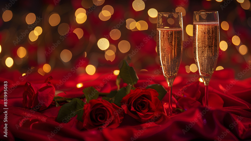 Two champagne glasses placed elegantly on top of a table, ready for a celebratory toast Two champagne glasses placed elegantly on top of a table, ready for a celebratory toast