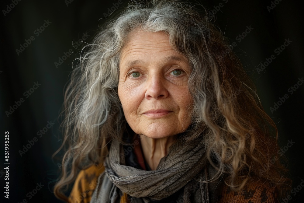 Thoughtful senior woman with curly gray hair Thoughtful senior woman with curly gray hair