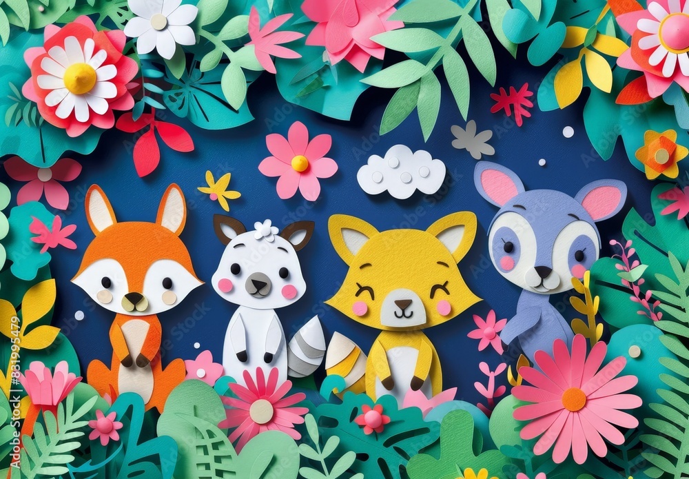 Naklejka premium Colorful paper craft animals and flowers