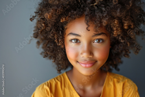 Delightful young African American girl with curly hair, beaming at the camera in pure joy © Venka