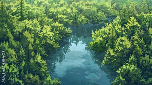 A tranquil painting showcasing a river winding its way through a lush forest, surrounded by a variety of trees creating a peaceful and harmonious scene. Generative AI