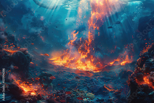 An underwater volcanic eruption creating bubbles and steam, with marine life around
