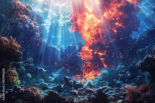 An underwater volcanic eruption creating bubbles and steam  with marine life around