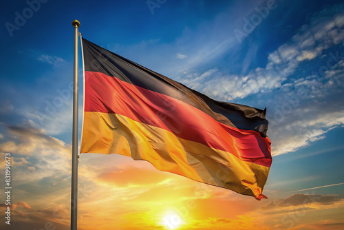Flagge Deutschland am Fahnenmast beim Wind mit Sonnenlicht	 photo