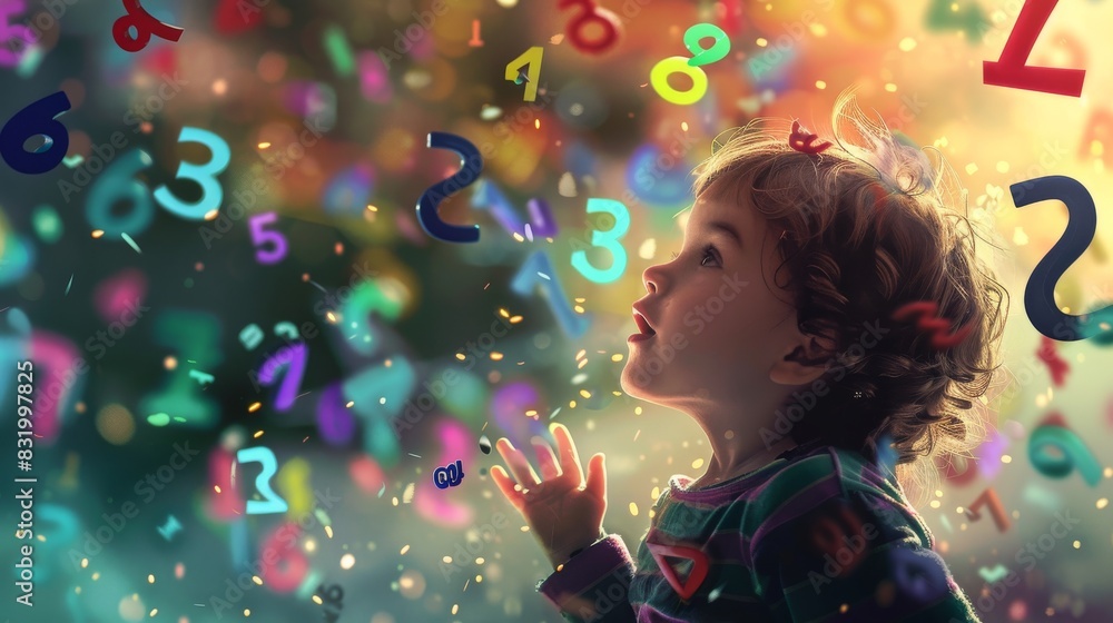An imaginative scene with a child surrounded by brightly colored ...