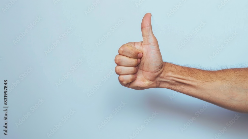 Male hand making thumbs up gesture on light grey background with copy space symbolizing success and approval Male hand making thumbs up gesture on light grey background with copy space symbolizing success and approval