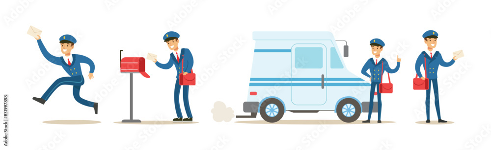 Postman Character Wear Cap and Uniform in Different Situation Vector Set Postman Character Wear Cap and Uniform in Different Situation Vector Set