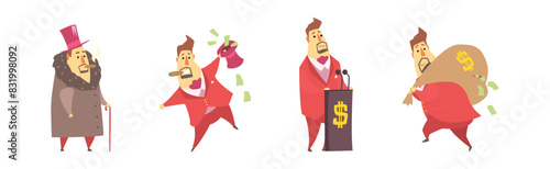Fat Rich Millionaire Man in Red Suit with Money Vector Set