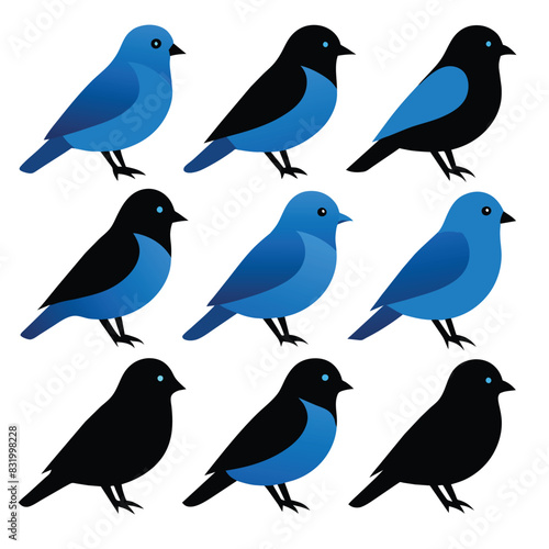 Set of Blue Tanager BlueGrey Tanager animal black silhouettes vector on white background