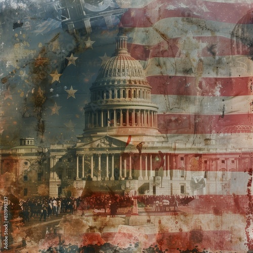 This image blends the US Capitol Building with a grungy American flag, symbolizing history and politics photo