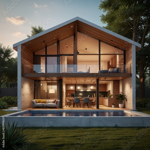 Modern home cross section, 3d rendering minimalist photo