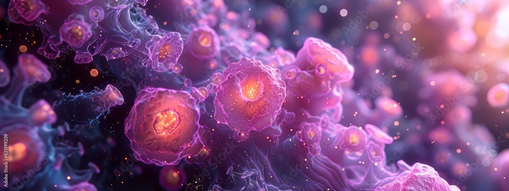 3D close-up of purple microorganisms arranged in a beautiful background. 3D close-up of purple microorganisms arranged in a beautiful background.