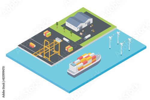 Vector isometric cargo port with cranes unloading containers from container ship.