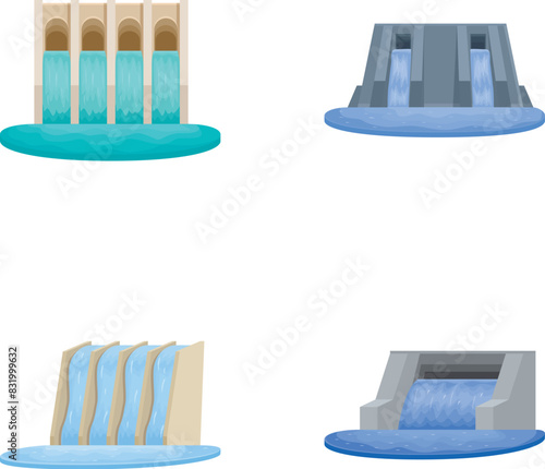Collection of four different cartoonstyle dams with flowing water, isolated on white
