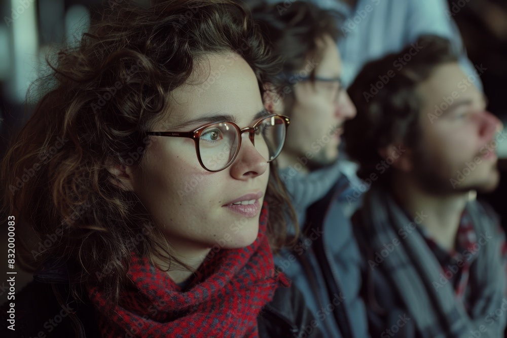 Portrait of a beautiful young woman with glasses in front of a group of people Portrait of a beautiful young woman with glasses in front of a group of people
