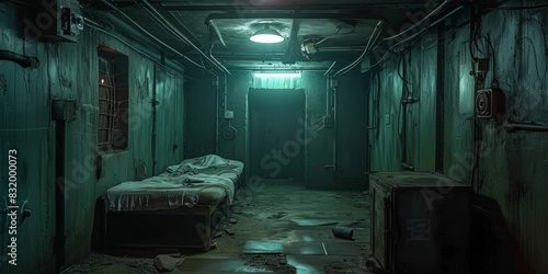 Haunted military bunker attraction. Dungeon-like room in abandoned bunker for thrill-seekers and gamers, Generative AI