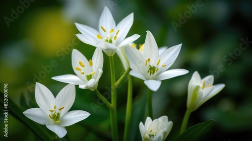 Close up macro photograph of blooming Drooping star of Bethlehem flowers in a garden taken by Ornithogalum nutans L