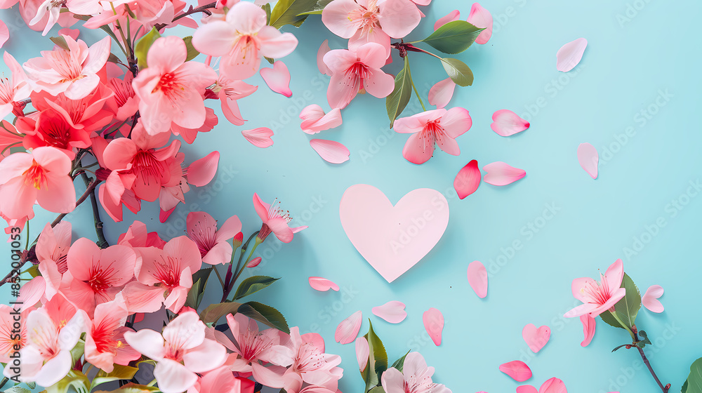 Creative layout with pink flowers, paper heart over punchy pastel background. Top view, flat lay. Spring, summer or garden concept. Present for Woman day 