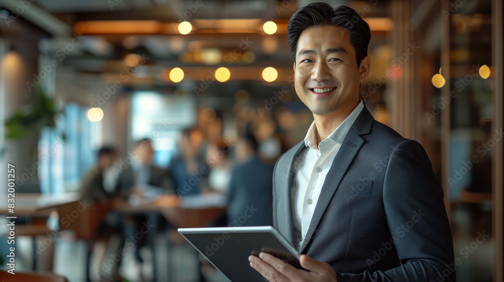 Asian businessman smiles and holds a tablet Asian businessman smiles and holds a tablet