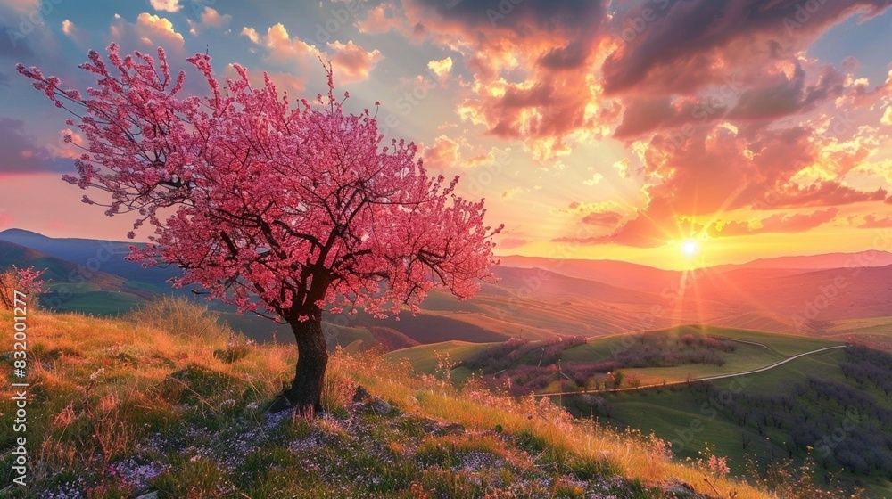 a beautiful blooming tree with a stunning sunset in the background. The tree has pink flowers and is covered in dew