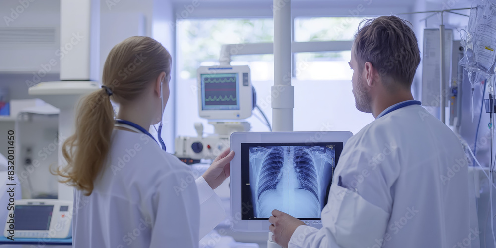 Two healthcare workers are examining a digital chest x-ray image in a hospital setting, analysing the patient's condition Two healthcare workers are examining a digital chest x-ray image in a hospital setting, analysing the patient's condition