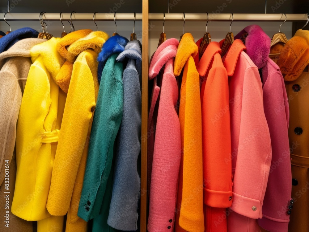 An assortment of vibrant winter coats hanging in a closet, set against the backdrop of a formal An assortment of vibrant winter coats hanging in a closet, set against the backdrop of a formal