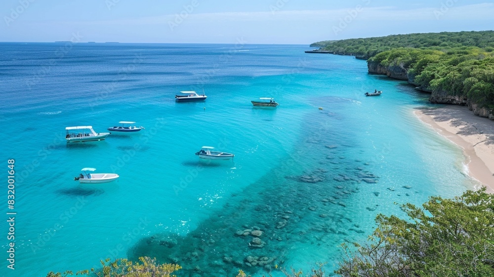 a body of blue water with several boats floating on it. The water is clear and turquoise in color. The shore is covered in trees, and a sandy beach can be seen near the water