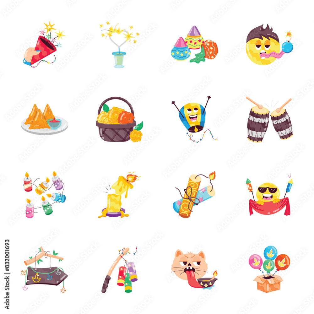 Fototapeta premium Latest Collection of Diwali Party Flat Stickers