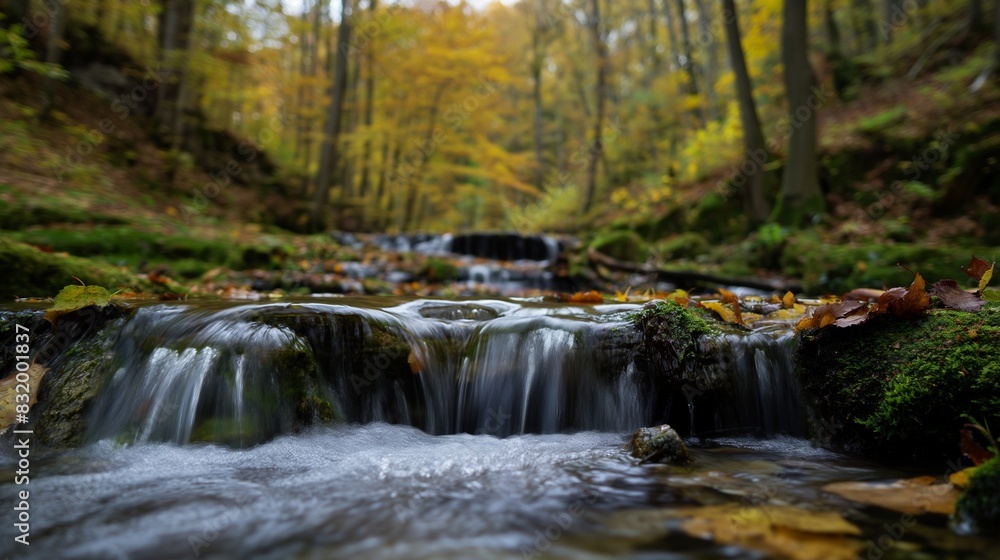 Fall stream cascades over a low rock barrier, AI-generated. Fall stream cascades over a low rock barrier, AI-generated.