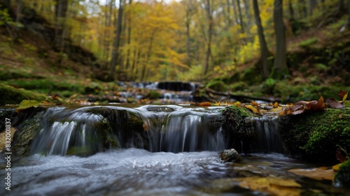 Fall stream cascades over a low rock barrier  AI-generated.