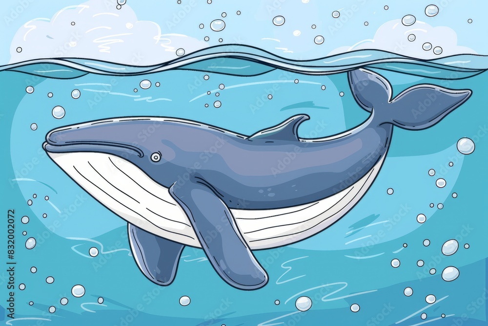 Cartoon cute doodles of a blue and white whale swimming in the ocean ...