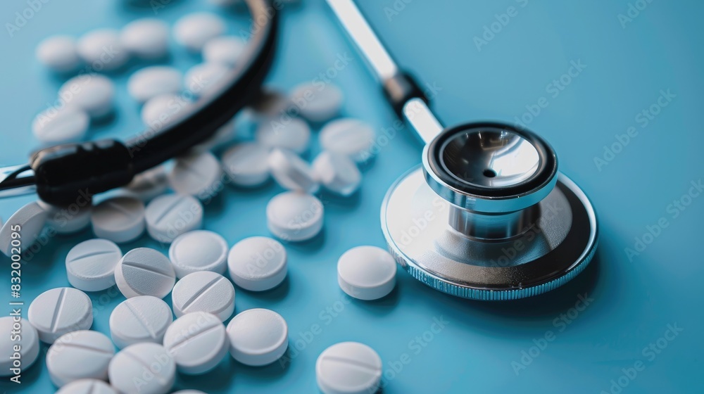 Stethoscope and pills on blue background Concept of Medicine and Healthcare Stethoscope and pills on blue background Concept of Medicine and Healthcare
