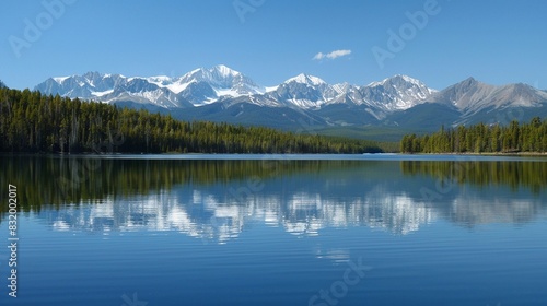 A calm lake with a snow-capped mountain range in the background.