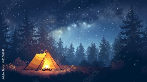 A campfire burns near a tent and trees under a starry night sky. photo
