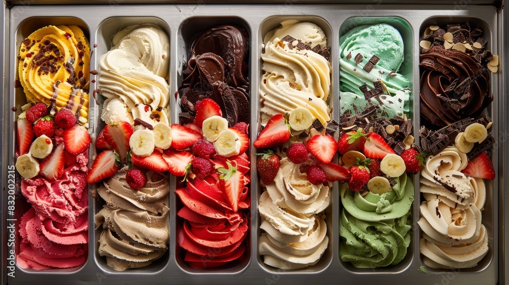An array of gourmet ice cream flavors topped with fresh fruit, chocolate, and nuts, beautifully presented in a multi-flavor tray