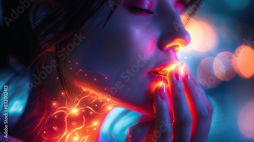 Closeup view of a woman holding her throat with a highlighted pain area