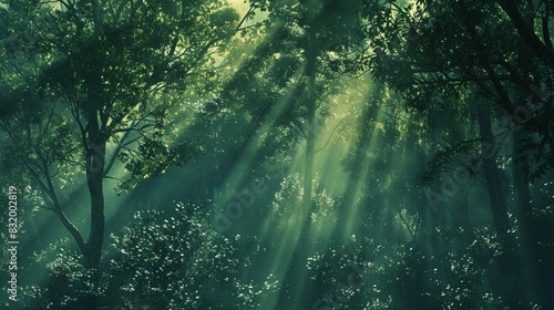 a dense forest with tall trees  creating a canopy of green. The sun s rays shine through the trees  illuminating the scene.